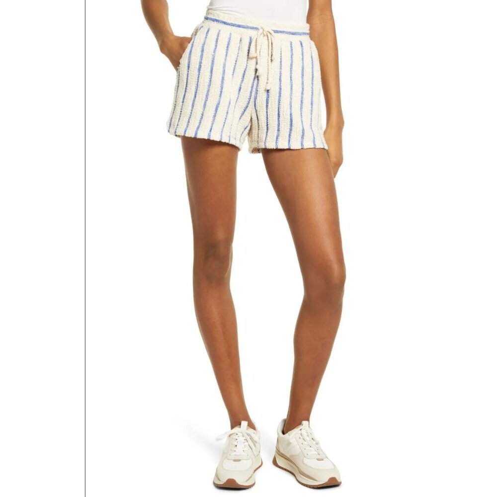 Faherty Pacífica Terry Shorts Stripes Cream Blue Pockets Drawstring Coastal - Picture 1 of 11